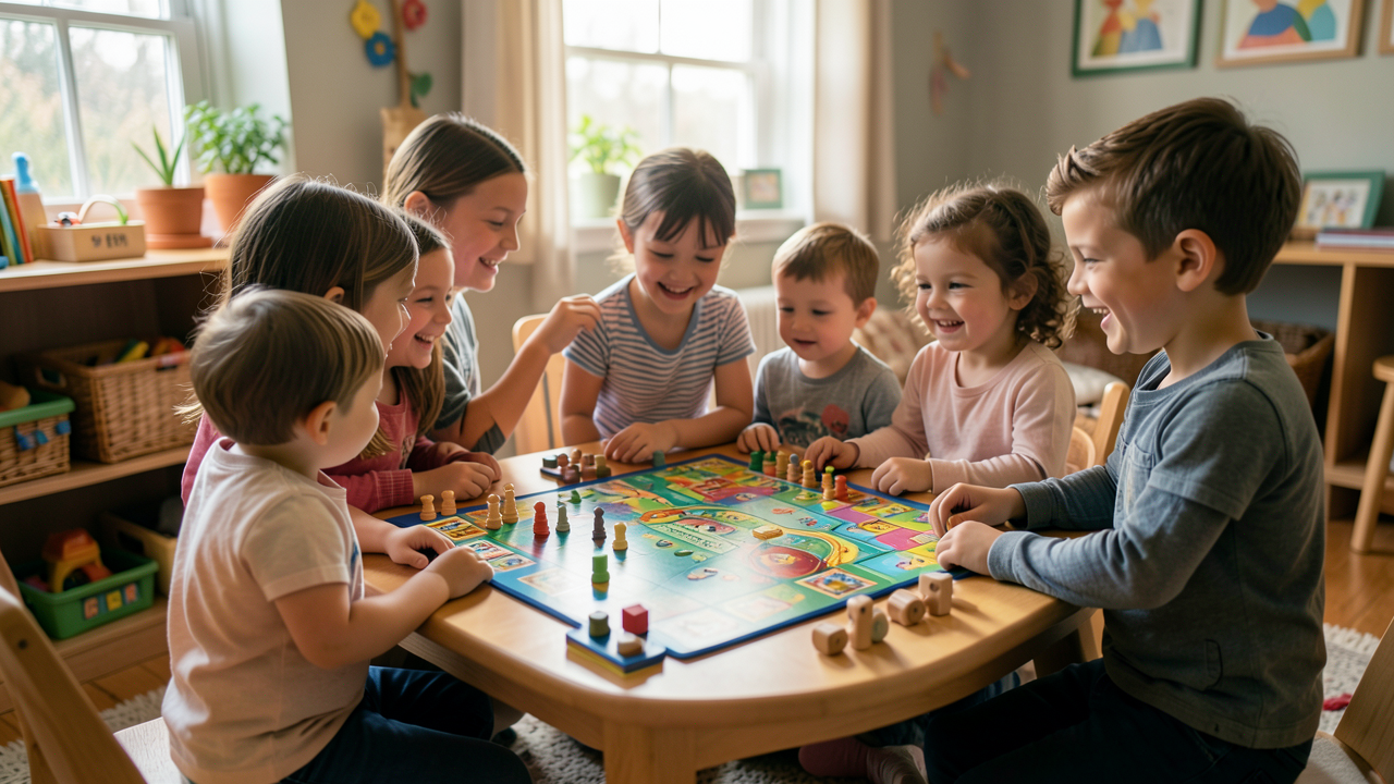 Des enfants et des familles sont réunis autour d’une table de jeux de société dans une ludothèque chaleureuse, avec des jouets en bois et des éléments de jeu bien disposés.